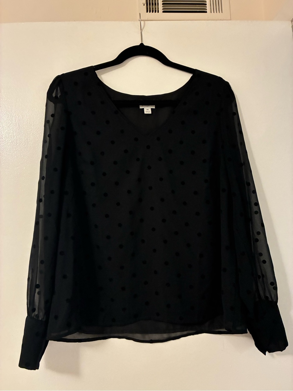 J. Crew Black Sheer Polka Dot V-Neck Blouse
